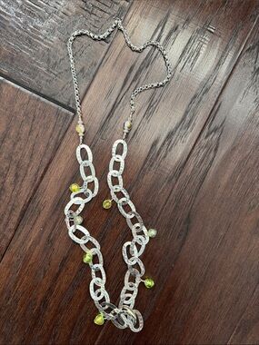 Hammered Sterling Silver-Link Necklace with Green and Gold Accent Beads
